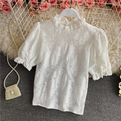 Ženska ležerna bluza s visokim ovratnikom i kratkim rukavima