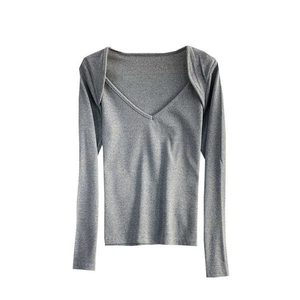 Γυναικεία casual μπλούζα με ντεκολτέ spitz και μακριά μανίκια σε γκρι και μαύρο χρώμα