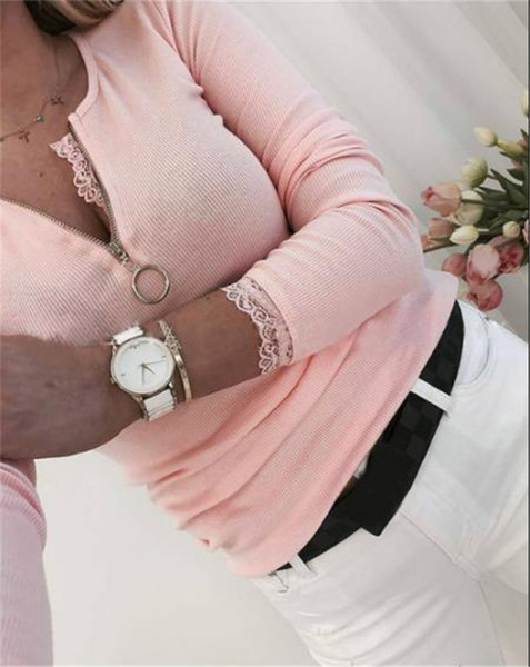 Ženska ležerna bluza s patentnim zatvaračem i čipkom