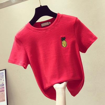 Casual γυναικείο μπλουζάκι με κοντά μανίκια και κεντήματα ανανά