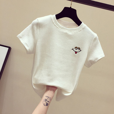 Γυναικείο μπλουζάκι μονοχρώματο με κοντά μανίκια και κεντήματα