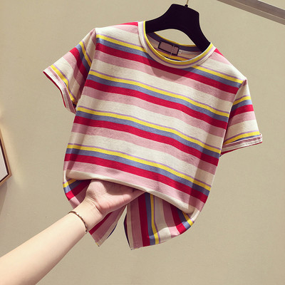 Πολύχρωμο γυναικείο ριγέ μπλουζάκι με κοντά μανίκια