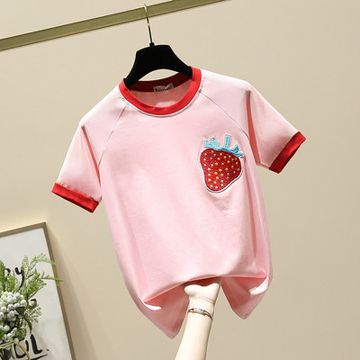 Γυναικείο μπλουζάκι με κέντημα φράουλας και κοντά μανίκια