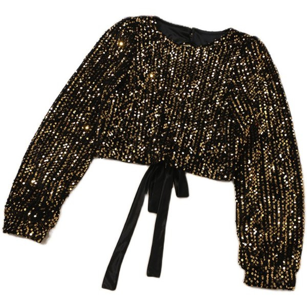 Sjajna ženska bluza sa šljokicama i okruglim izrezom