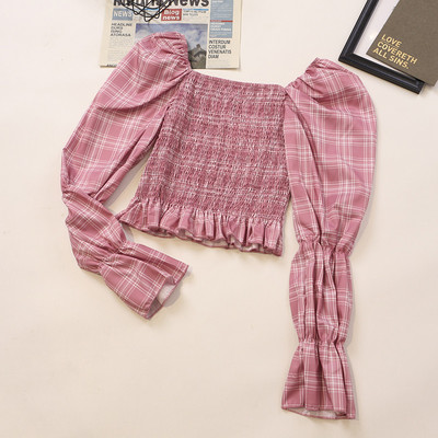 Καρό μπλούζα με τετράγωνο ντεκολτέ και μακριά μανίκια