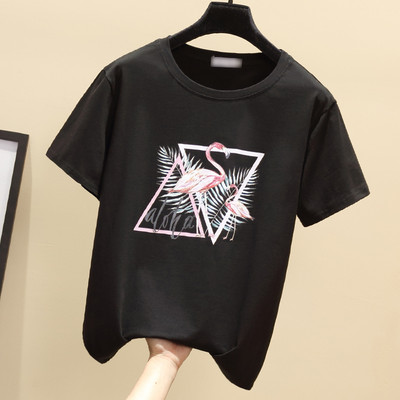 Γυναικείο μπλουζάκι με κοντά μανίκια και απλικέ φλαμίνγκο