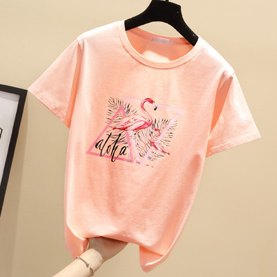 Γυναικείο μπλουζάκι με κοντά μανίκια και απλικέ φλαμίνγκο