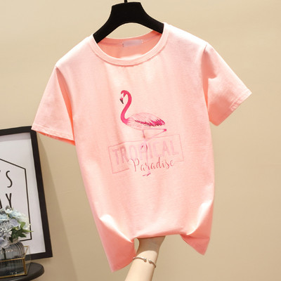 Casual γυναικείο μπλουζάκι με απλικέ - φλαμίνγκο