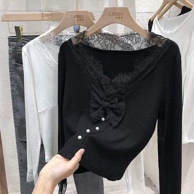 Šiuolaikinė moteriška palaidinė su nėriniais ir kaspinu