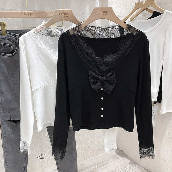 Šiuolaikinė moteriška palaidinė su nėriniais ir kaspinu