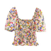 Γυναικεία καλοκαιρινή μπλούζα με ελαστική μέση και λουλουδάτο μοτίβο