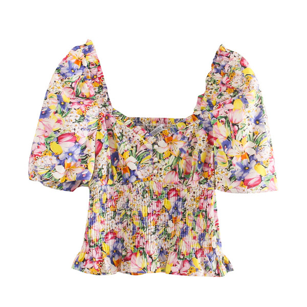 Γυναικεία καλοκαιρινή μπλούζα με ελαστική μέση και λουλουδάτο μοτίβο