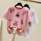 Ženska majica kratkih rukava s aplikacijom medvjedića i kamenčića