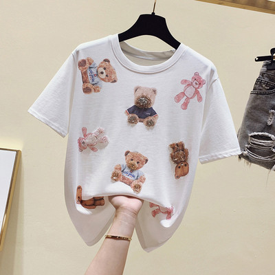 Ženska majica kratkih rukava s aplikacijom medvjedića i kamenčića