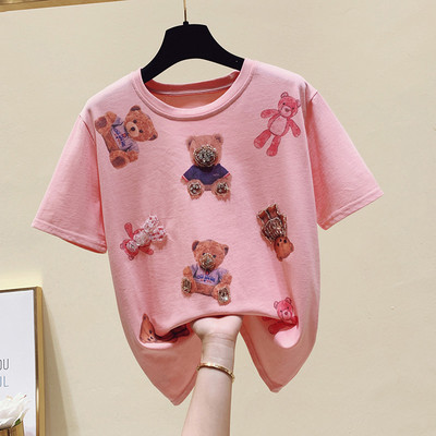 Ženska majica kratkih rukava s aplikacijom medvjedića i kamenčića