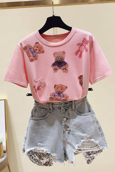 Ženska majica kratkih rukava s aplikacijom medvjedića i kamenčića