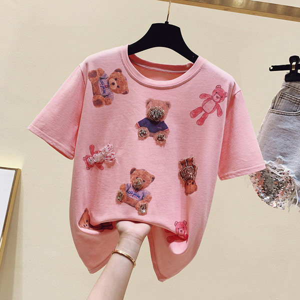 Ženska majica kratkih rukava s aplikacijom medvjedića i kamenčića