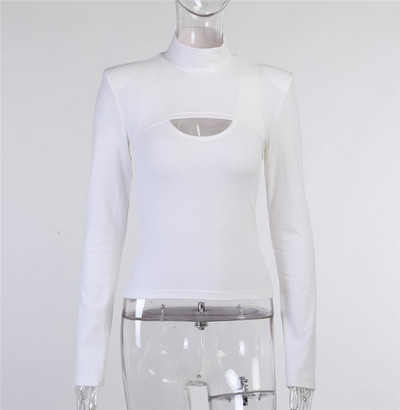 Γυναικεία μπλούζα casual με ψηλό γιακά και μακριά μανίκια σε γκρι και λευκό