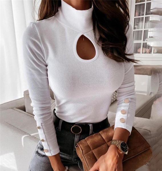 Ženska casual bluza s visokim ovratnikom i gumbima u crno-bijeloj boji