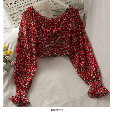 Μοντέρνα γυναικεία μπλούζα με μοτίβα λουλουδιών και μακριά μανίκια