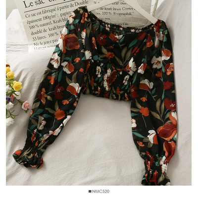 Μοντέρνα γυναικεία μπλούζα με μοτίβα λουλουδιών και μακριά μανίκια