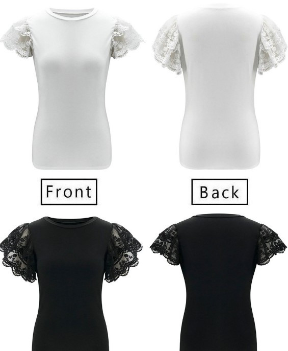 Naujo modelio moteriški marškinėliai trumpomis plačiomis rankovėmis su nėriniais