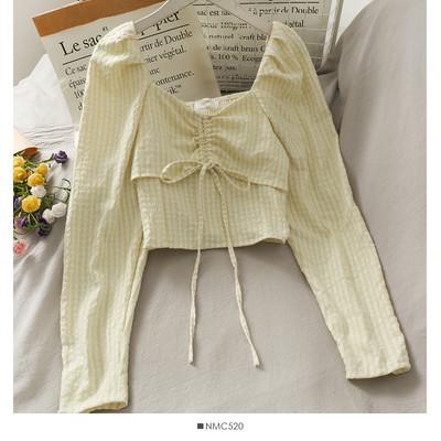 Γυναικεία μπλούζα καρό με κορδόνια και τετράγωνο ντεκολτέ