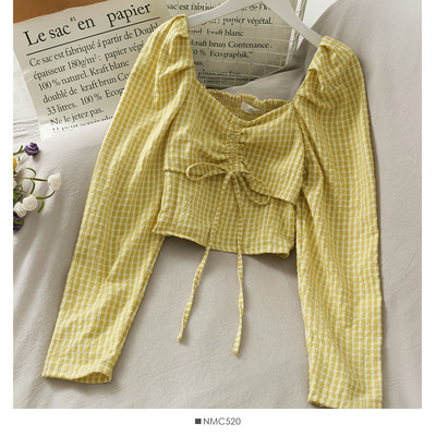 Γυναικεία μπλούζα καρό με κορδόνια και τετράγωνο ντεκολτέ