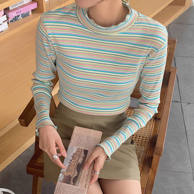 Novi model ženske bluze na pruge sa niskom kragnom i dugim rukavima