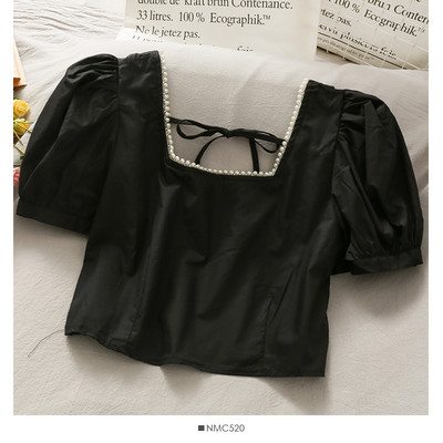 Μοντέρνα γυναικεία μπλούζα με φαρδιά μανίκια και πέρλες