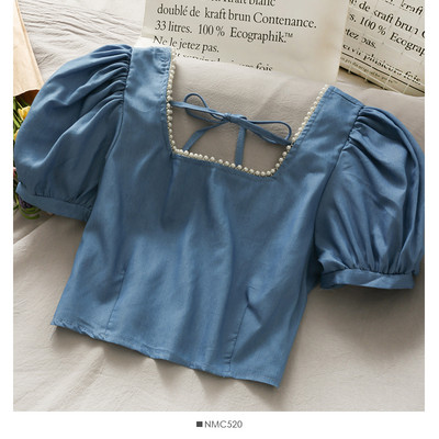 Μοντέρνα γυναικεία μπλούζα με φαρδιά μανίκια και πέρλες