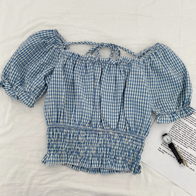 Μοντέρνα γυναικεία καρό μπλούζα με στρογγυλή λαιμόκοψη