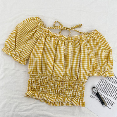 Μοντέρνα γυναικεία καρό μπλούζα με στρογγυλή λαιμόκοψη