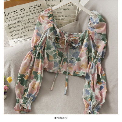 Γυναικεία μπλούζα με κορδόνια και μοτίβα λουλουδιών