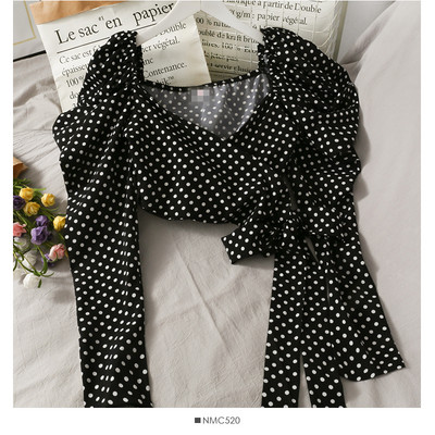 Μοντέρνα γυναικεία μπλούζα πουά με κορδόνια