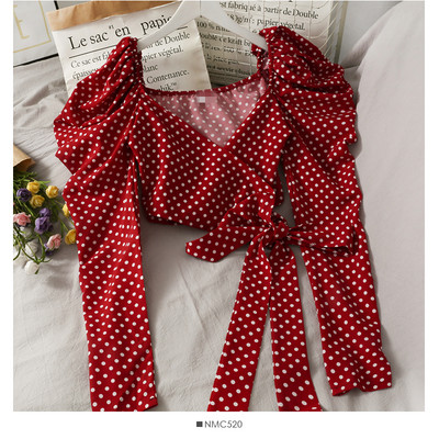 Μοντέρνα γυναικεία μπλούζα πουά με κορδόνια