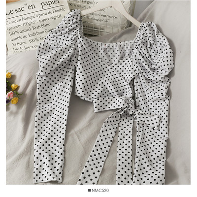 Μοντέρνα γυναικεία μπλούζα πουά με κορδόνια