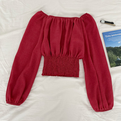 Μοντέρνα γυναικεία μπλούζα με λαιμόκοψη και μακριά μανίκια