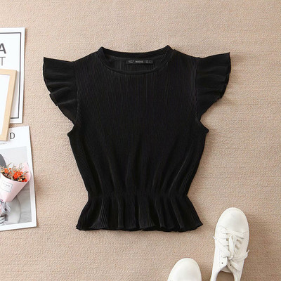 Κοντή γυναικεία μπλούζα με ελαστική μέση και βολάν