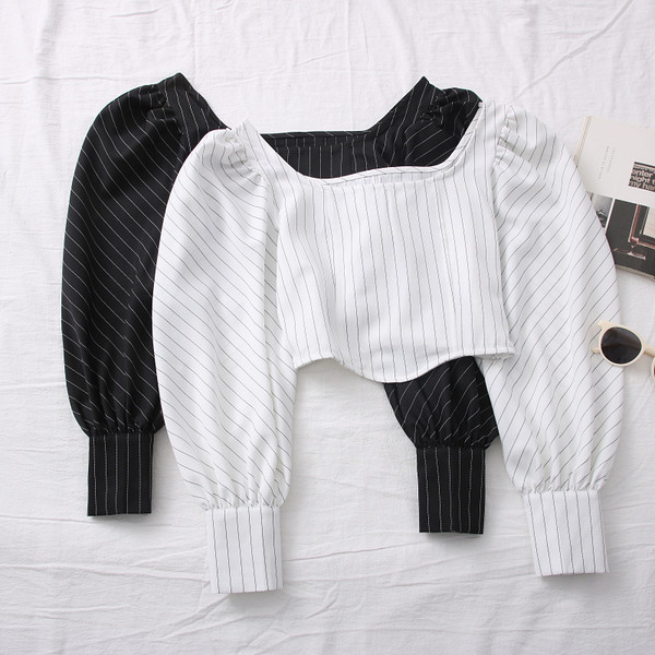 Novi model ženske bluze na pruge sa okruglim izrezom i puf rukavima