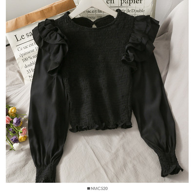 Μοντέρνα γυναικεία μπλούζα με στρογγυλή λαιμόκοψη και βολάν