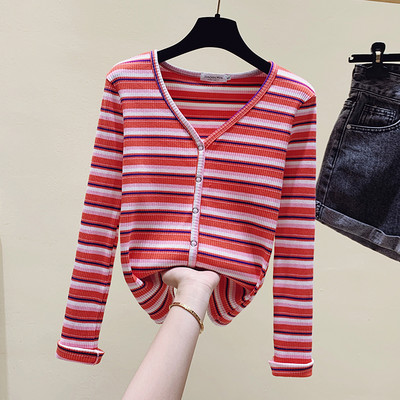 Γυναικεία  ριγέ μπλούζα με σπίντ ντεκολτέ σε τρία χρώματα