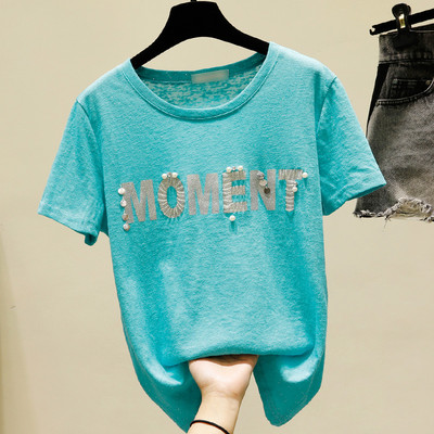 Γυναικείο μπλουζάκι με επιγραφή και πέρλες