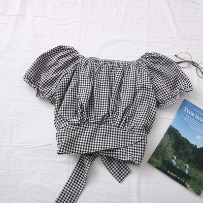 Μοντέρνα γυναικεία καρό μπλούζα με κορδόνια στη πλάτη