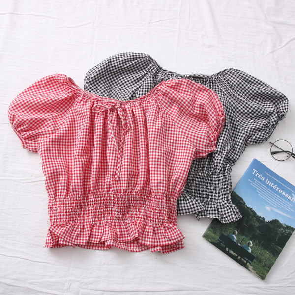 Ležerna ženska karirana bluza s ovalnim izrezom