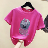 Casual γυναικείο μπλουζάκι με διακοσμητικές πέτρες και οβάλ ντεκολτέ