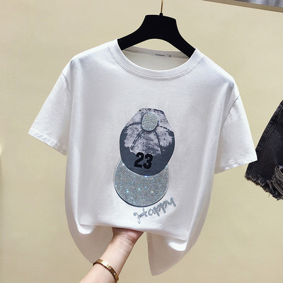 Casual γυναικείο μπλουζάκι με διακοσμητικές πέτρες και οβάλ ντεκολτέ