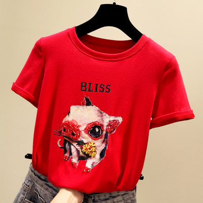 Γυναικείο μπλουζάκι με απλικέ χρώμα και κοντά μανίκια