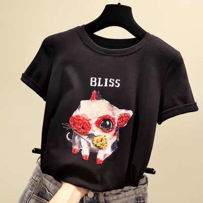 Γυναικείο μπλουζάκι με απλικέ χρώμα και κοντά μανίκια