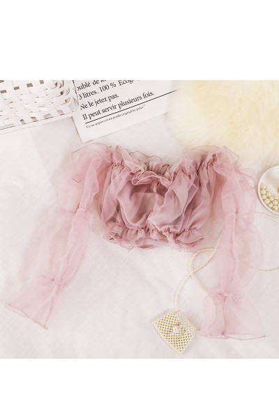 Κοντή γυναικεία μπλούζα με μανίκια από τούλι